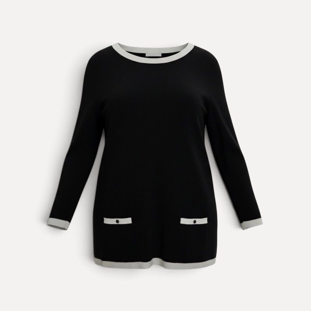 Lands End XL 18 Black White Cotton Tunic Sweater Mod Contrast Plus Size